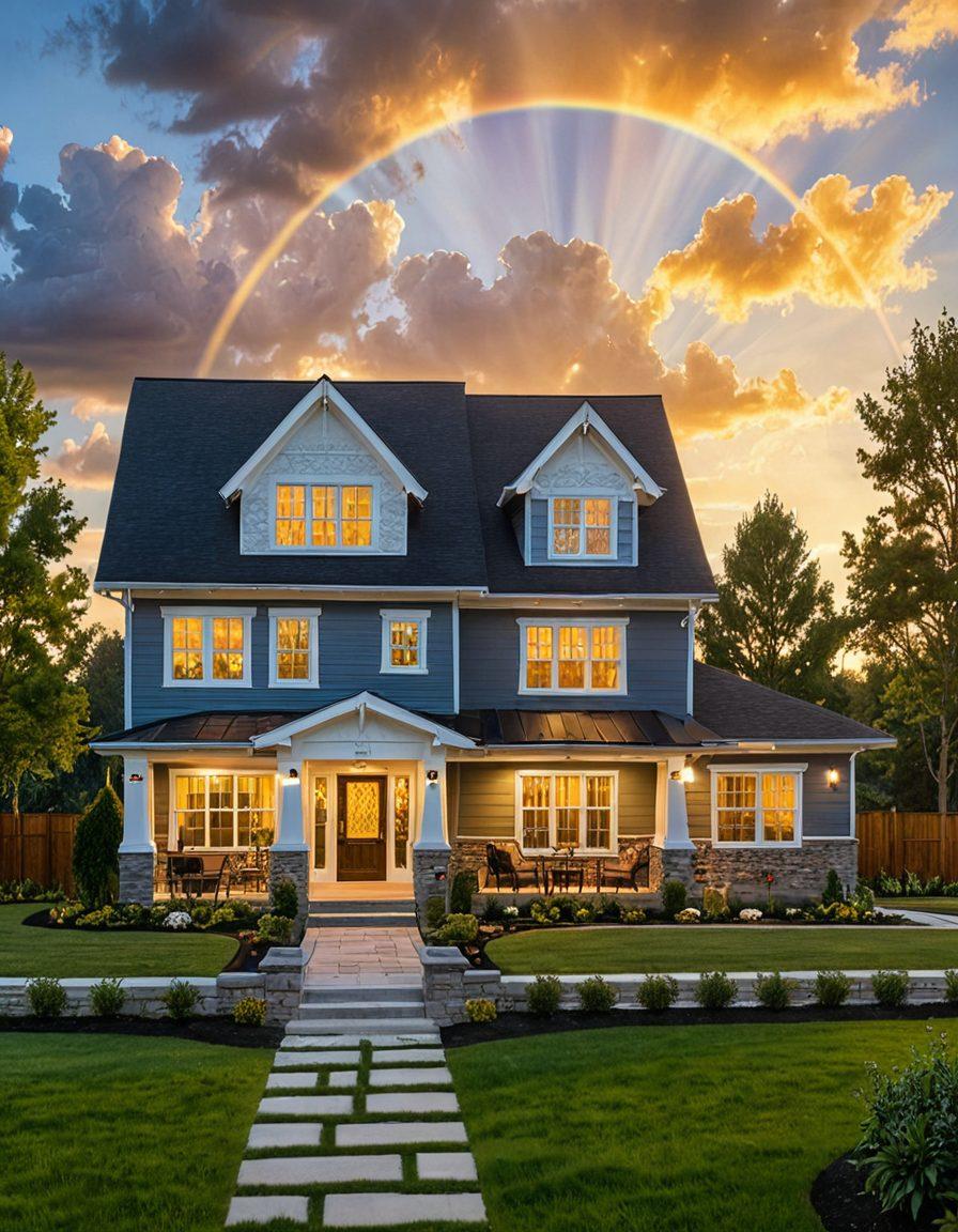 A serene landscape featuring a secure home surrounded by diverse families smiling, each representing different types of insurance services like health, auto, and life. In the sky, floating symbols of financial security such as a shield, checkmark, and dollar signs, with rays of sunlight illuminating the scene. The overall mood is one of safety, happiness, and confidence. vibrant colors. super-realistic.