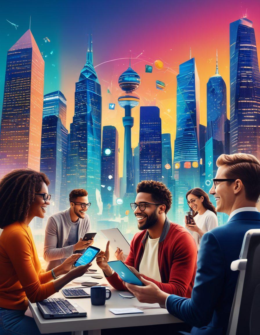 A dynamic scene depicting a diverse group of people engaging with digital devices, smiling as they explore fast financial solutions. In the background, a vibrant city skyline symbolizes opportunity, while icons of affordable coverage float around them. Include elements like dollar signs and shields to represent finance and protection. The imagery should convey ease and accessibility. bright colors. modern vector art.